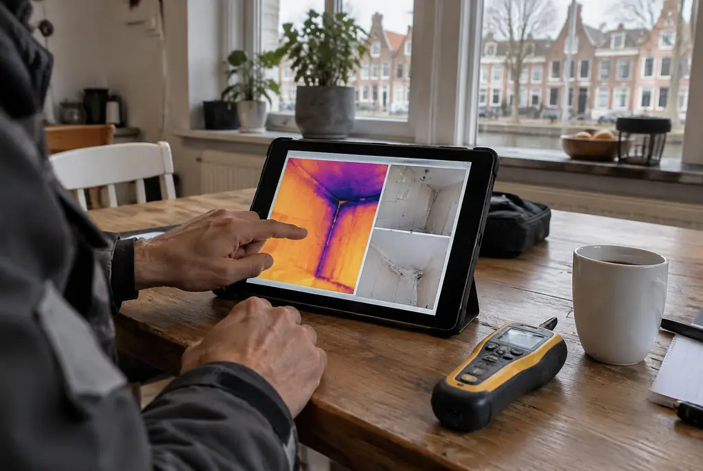Lekdetectie Utrecht – lekdetectierapport met warmtebeelden en foto's op een tablet