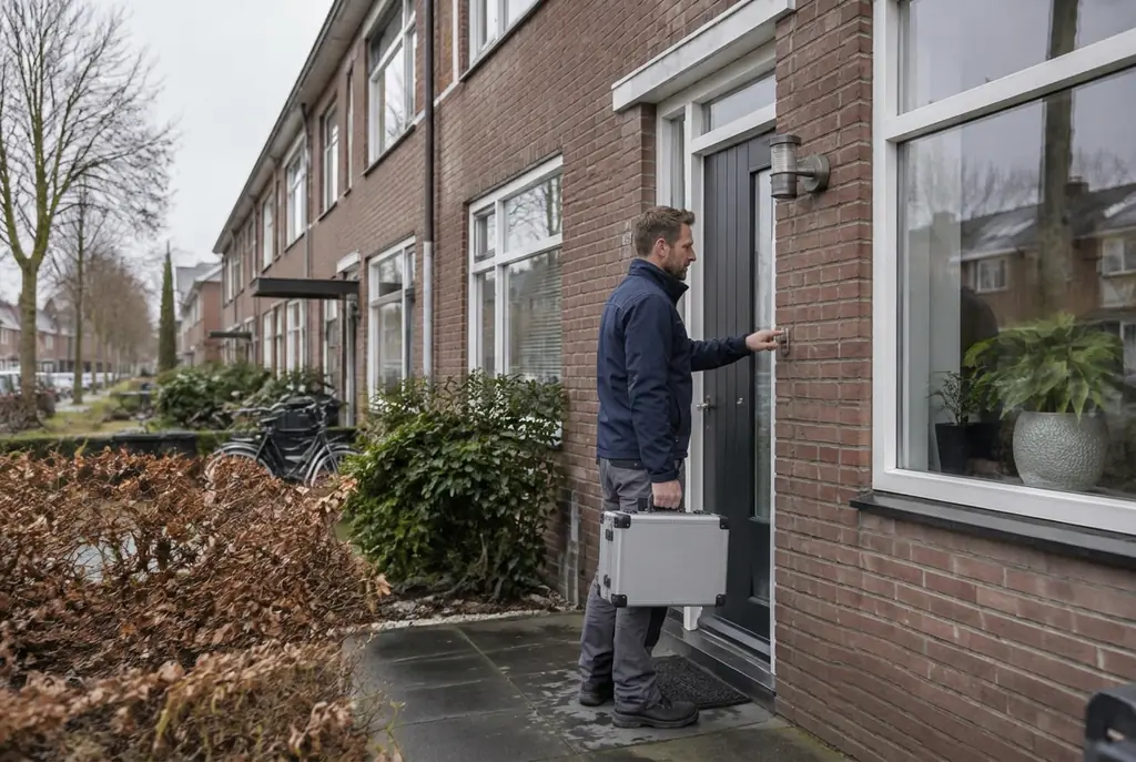 Lekdetectiespecialist met meetkoffer bij de voordeur van een woning in Utrecht